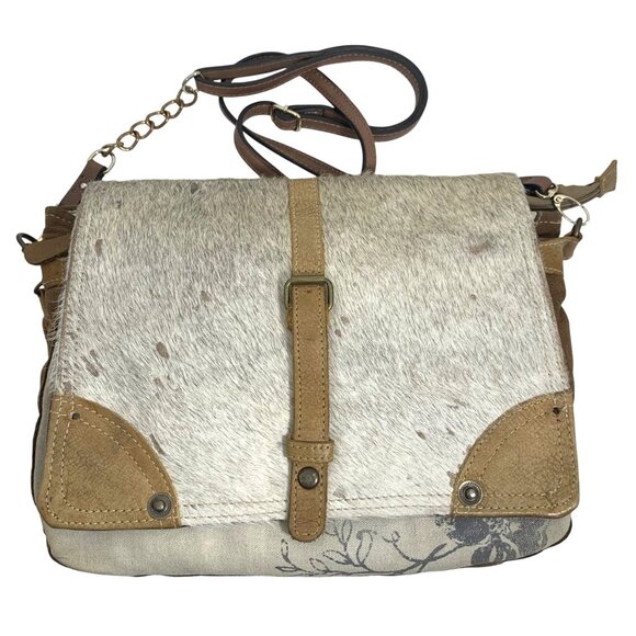 MYRA BAG Hoary Hair-On Cow-Hide Leather Canvas Messenger Crossbody Bag S1293 - Picture 1 of 16
